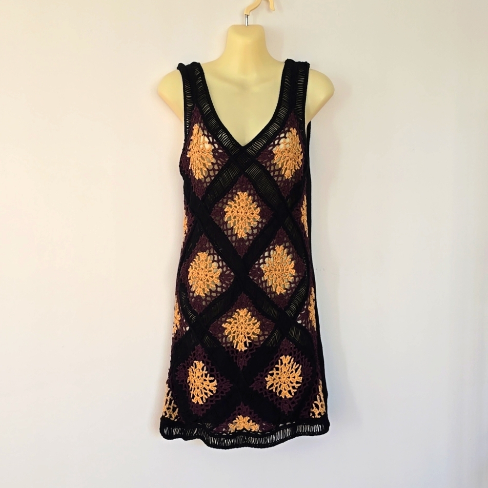 Forever 21 Knit Crochet Black/Brown/Cream Cover up Sexy Dress 100% Acryli Size S